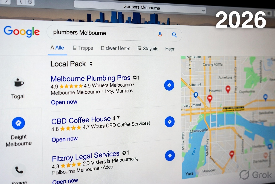 Local SEO Melbourne 2026 — Google local pack showing three Melbourne businesses ranking in map results