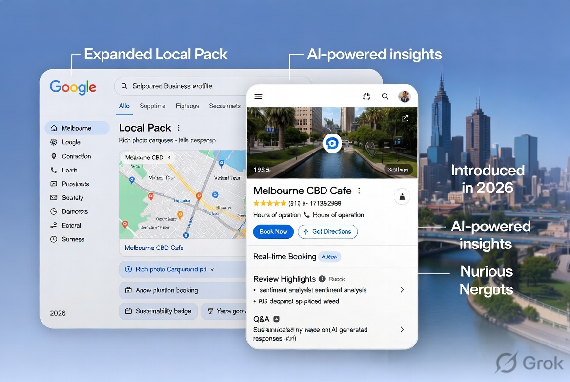 Google Business Profile 2026 features Melbourne — GBP listing showing new features in Google search results